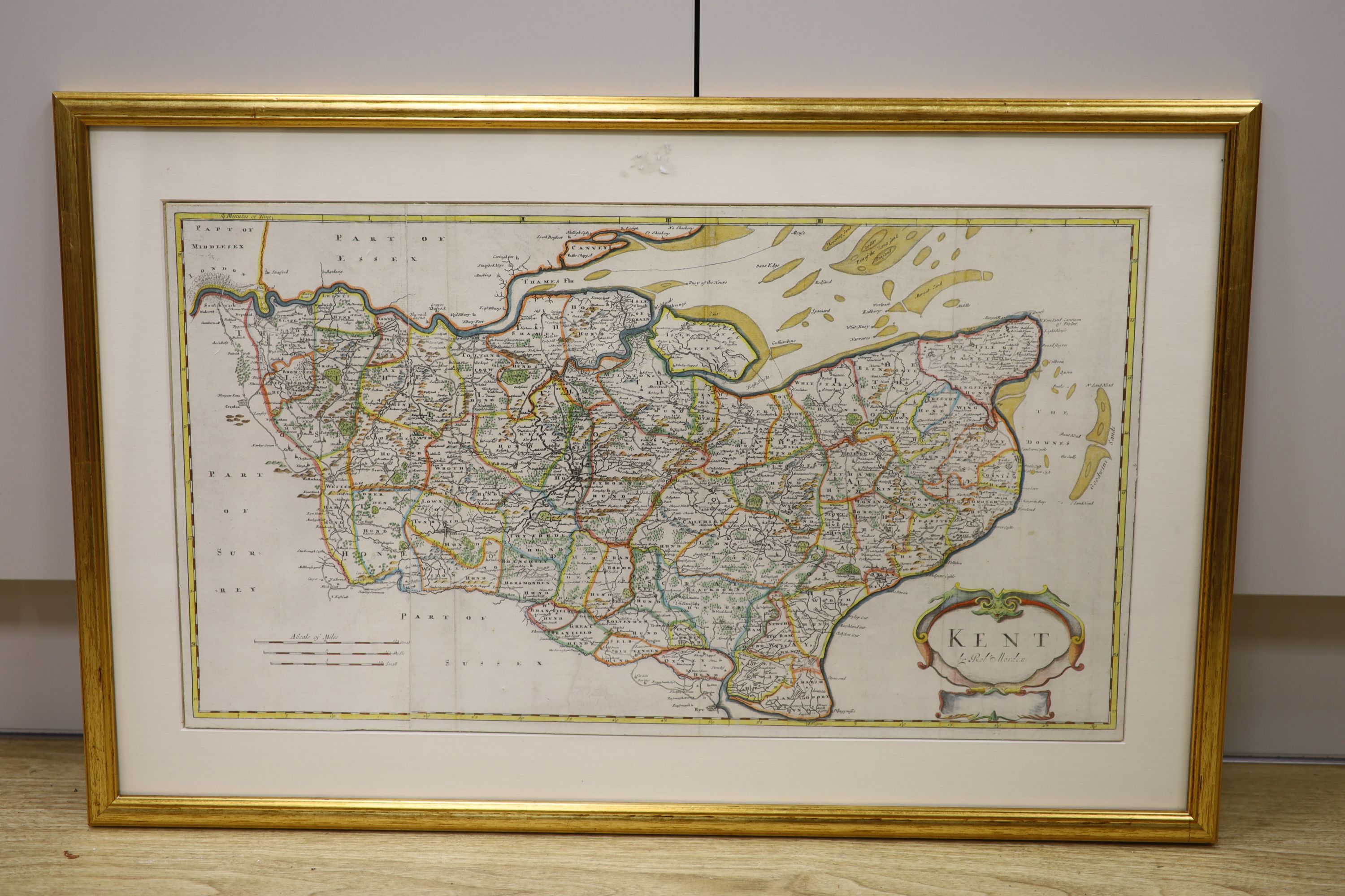 Robert Morden, coloured engraving, Map of Kent, 36 x 65cm